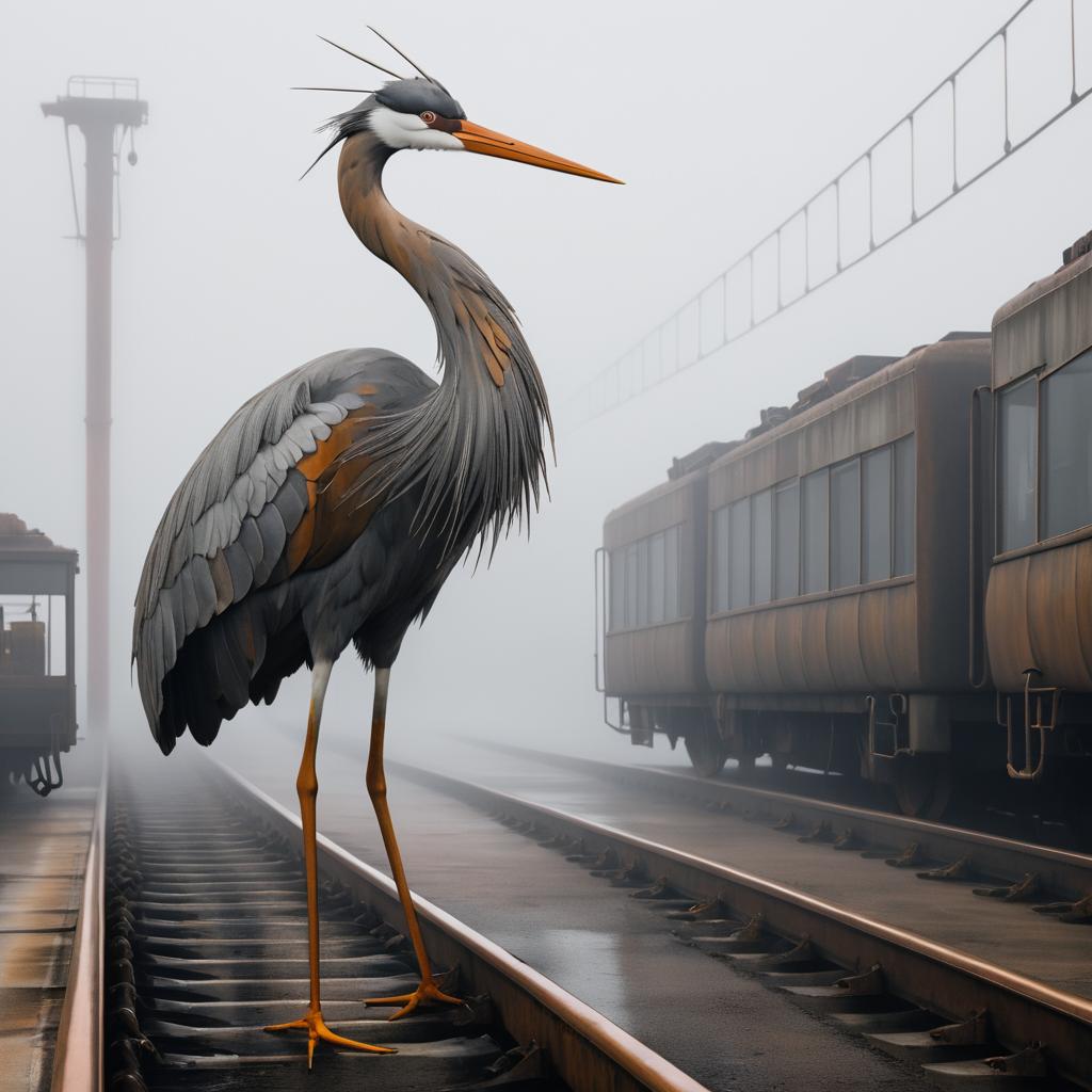 Stoic Anthropomorphic Crane in Foggy Rail Yard