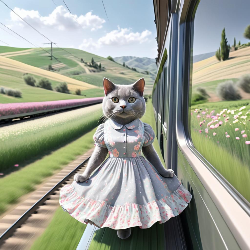 Whimsical Cat in Floral Sundress on Train