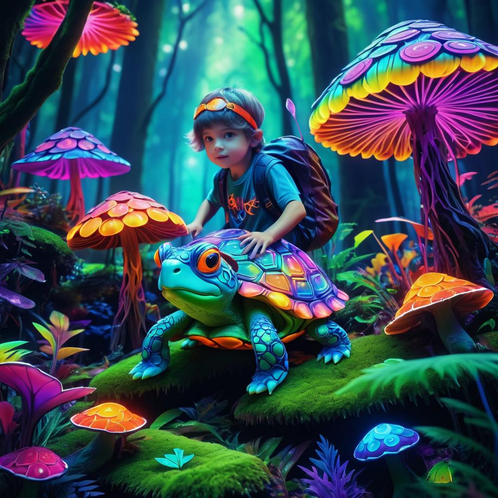 Whimsical Turtle Boy in Vibrant Fungi