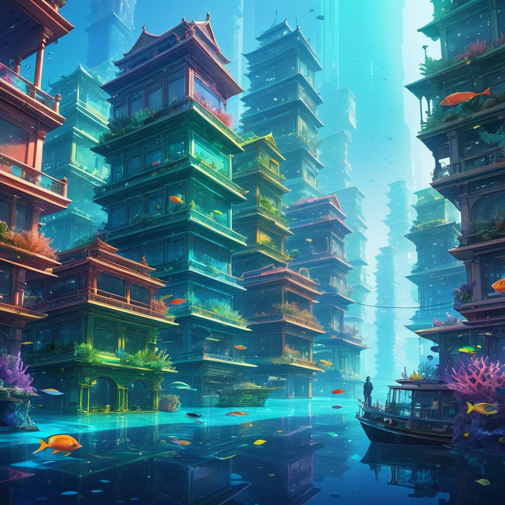 Vibrant Underwater City Portrait in Watercolor