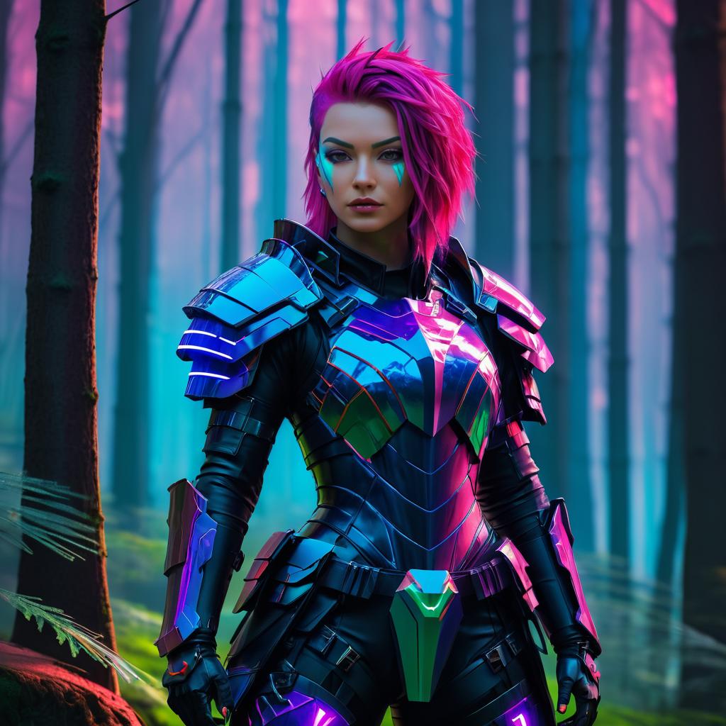 Cyberpunk Warrior in Vibrant Woodland