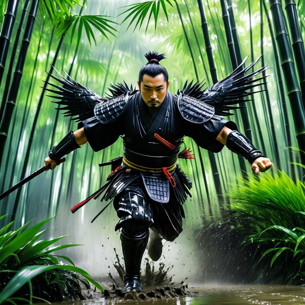 Dynamic Samurai in Rainy Bamboo Forest