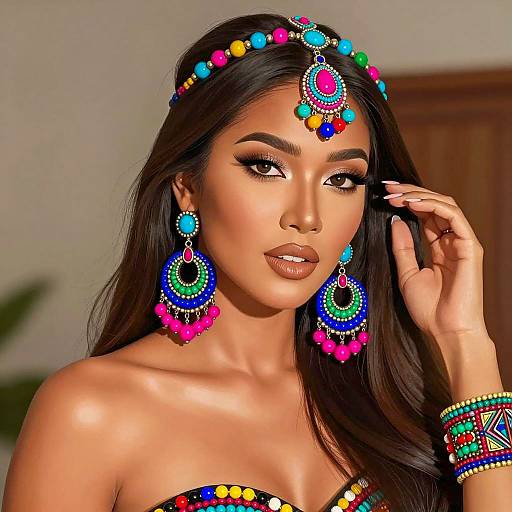 Asian Woman with Colorful Beaded Jewelry