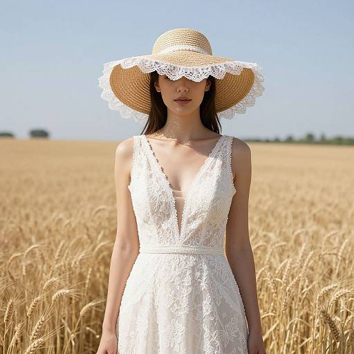 Photograph of a woman in a white lace dress and wide-brimmed hat standing in a golden wheat field under a clear blue sky.