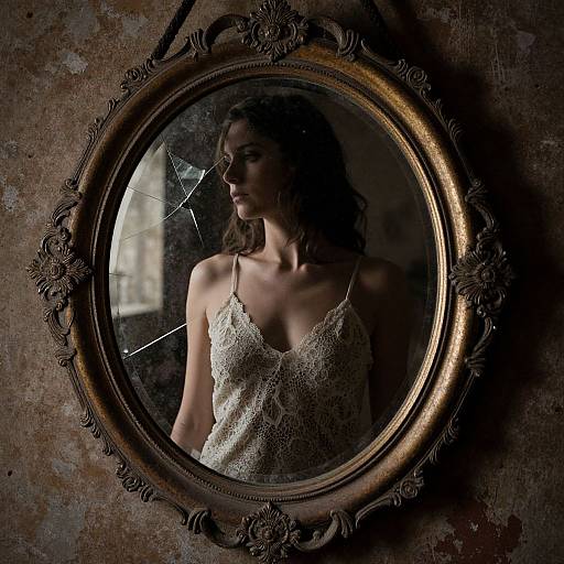 Photograph of a melancholic woman in a lace, low-cut camisole reflected in a cracked, ornate gold-framed mirror against a rustic