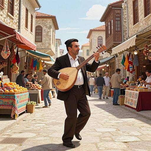 Photograph of a man in a black suit, white shirt, and black cap playing a mandolin on a sunny, bustling cobblestone street market