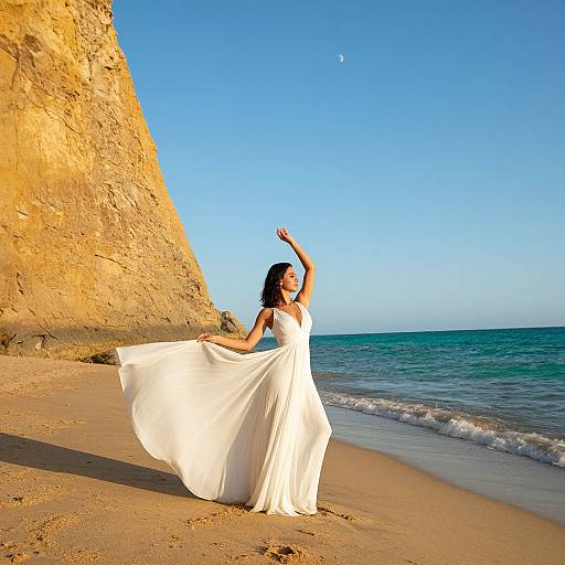 Photograph of a woman in a flowing white dress dancing on a sandy beach with golden cliffs, blue ocean, and clear sky.