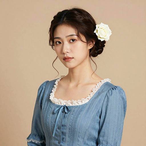 Photograph of an East Asian woman with fair skin, dark hair in a bun, white flower hair accessory, wearing a blue lace-trimmed dress