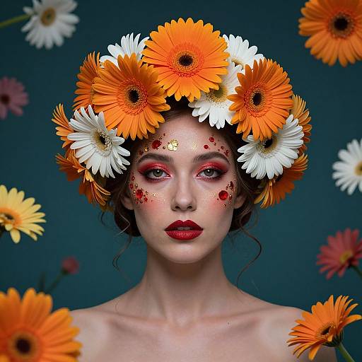 Digital portrait of a pale-skinned woman with red makeup, orange and white flower crown, surrounded by floating flowers against a blue background.