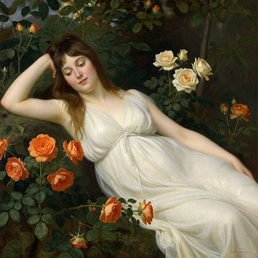 Digital painting of a fair-skinned woman with brown hair, in a white, flowing gown, reclining among vibrant orange and white roses. Dark,