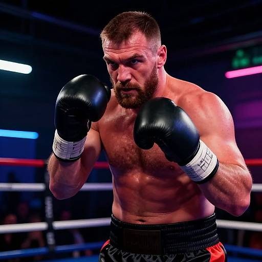 Photograph of a muscular, bearded male boxer in black gloves and red shorts, mid-punch in a brightly lit boxing ring.
