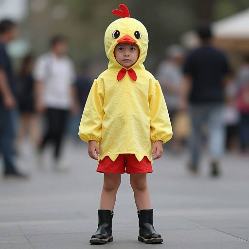 Photograph of a young boy standing in a crowded outdoor area, wearing a yellow chicken costume with red shorts and black boots.