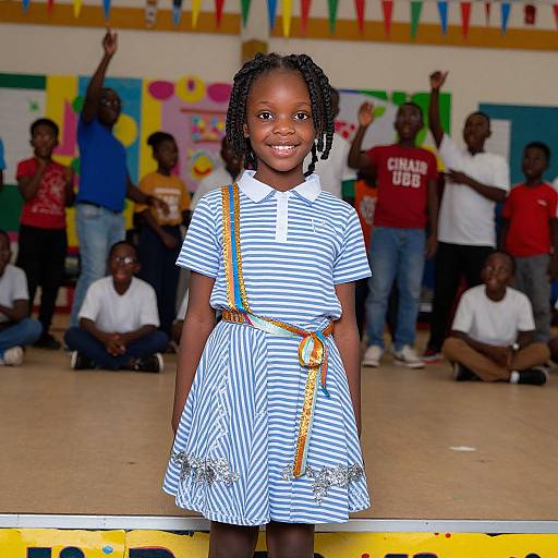 Photograph of a smiling young African girl with braided hair, wearing a blue and white striped dress with yellow straps, standing in a colorful classroom with
