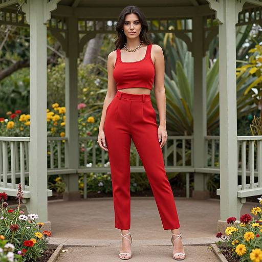 Photograph of a confident woman with dark hair, wearing a red crop top and high-waisted red pants, standing in a garden gazebo surrounded
