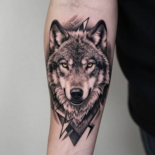 Photorealistic black and gray tattoo of a wolf's head on an arm, featuring sharp, angular geometric shapes around the neck.