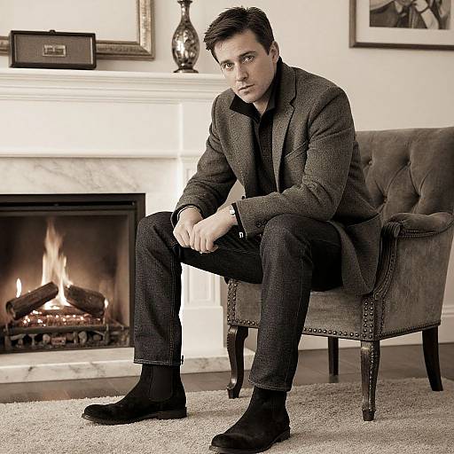 Photograph of a handsome man with dark hair, wearing a gray tweed blazer, black shirt, and boots, sitting on a tufted