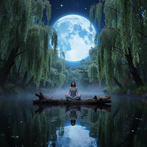 Photograph of a woman meditating on a log in a moonlit, misty, reflection-filled forest pond, surrounded by weeping willow trees
