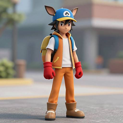 3D CGI character: anime-style boy with blue cap, orange pants, white shirt, red gloves, brown boots, backpack, and fox ears,