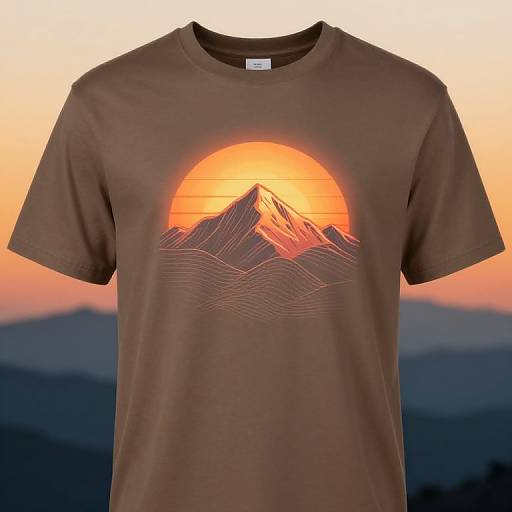 Brown T-shirt with vibrant digital design of mountain peak and sun, set against a sunset over mountains. Photographic background.