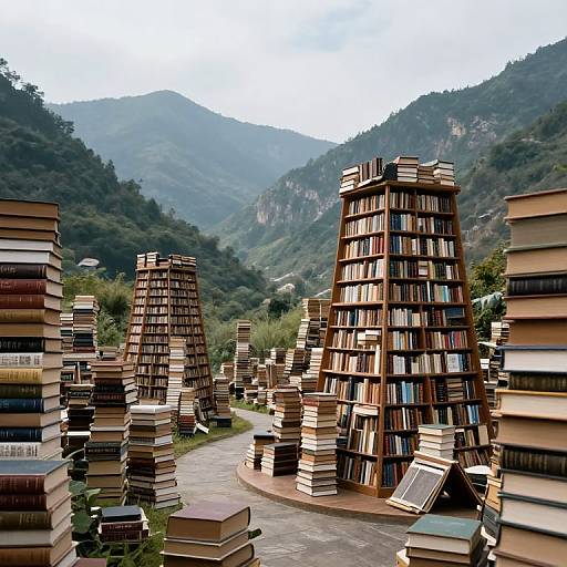 Photograph of a surreal library with towering stacks of books arranged in geometric shapes, set against a lush mountainous landscape.