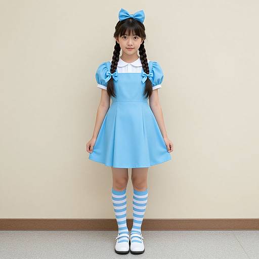 Photograph of an Asian girl with long black pigtails, wearing a light blue Alice in Wonderland-style dress, bow, striped knee-high socks,
