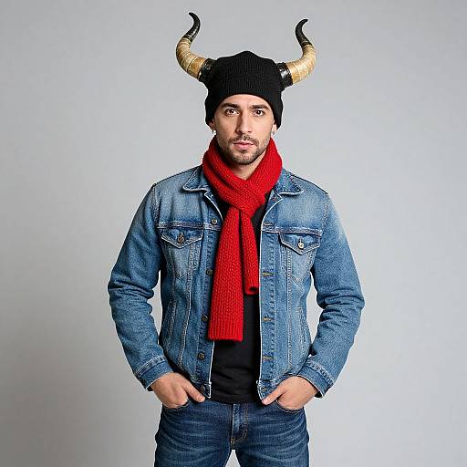 Confident Man in Denim with Horned Beanie