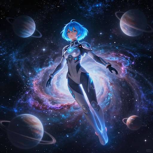 Digital anime-style artwork of a blue-haired woman in a glowing, form-fitting space suit floating in a cosmic background with planets and nebulae.