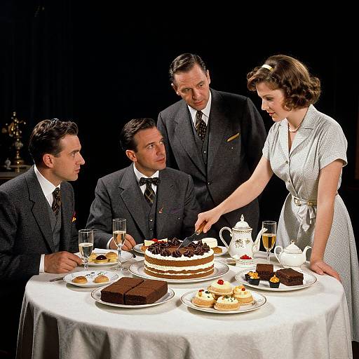 Mid-20th century photograph of four formally dressed people, two men and two women, cutting a multi-layered cake at a round table adorned with