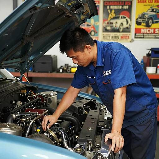 Asian Mechanic Repairing Classic Car