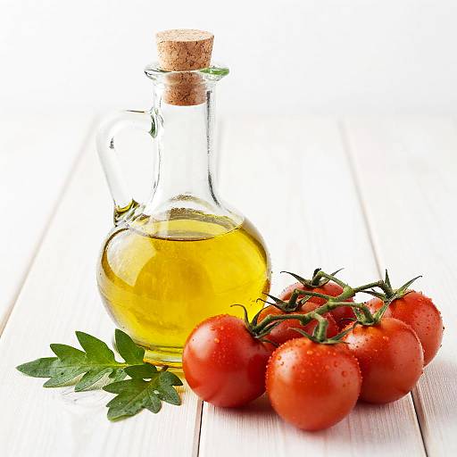 Photograph of a glass bottle with golden olive oil, cork stopper, and fresh red tomatoes with green leafy sprigs on white wooden surface.