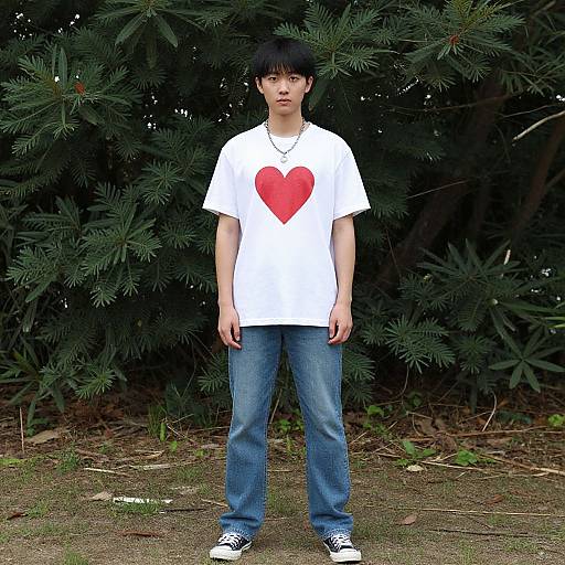 Young Asian man with black hair, wearing white shirt with red heart, blue jeans, and black shoes, stands in front of dark green pine trees.