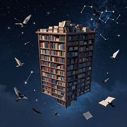 Floating library skyscraper in space with books, star constellations, and flying birds; illuminated against a dark, starry background. Digital artwork.