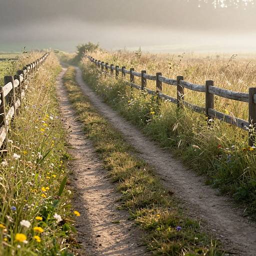 Sunlit country path with wooden fence on both sides, grassy meadow, wildflowers, and soft morning light in the background. Photograph.