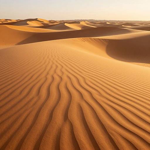 Photograph of sunlit, rippled orange sand dunes under a clear sky, with gentle shadows enhancing the wavy texture of the desert landscape.