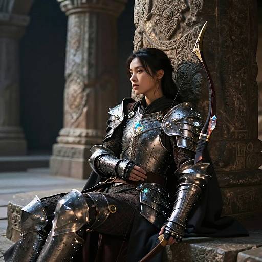 CGI image of a serious Asian woman in shiny, intricate medieval armor, seated against ornate stone pillar, holding a bow.