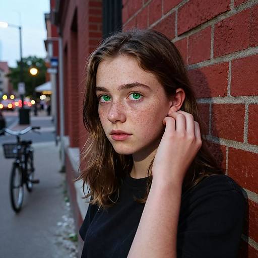 Photograph of a young woman with green eyes, freckles, and wavy brown hair, leaning against a red brick wall on a street with
