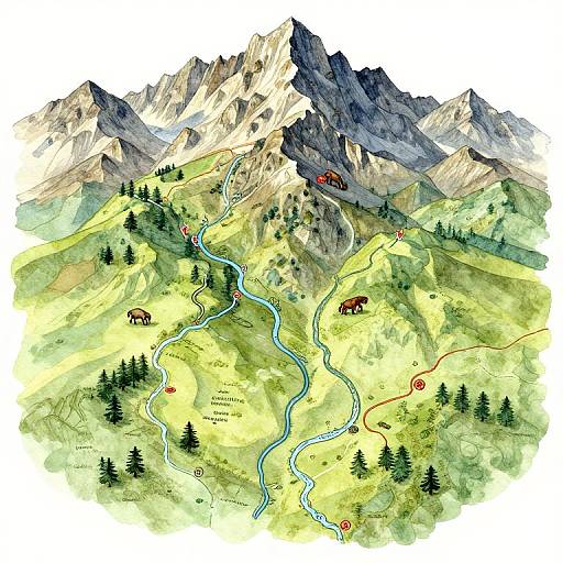 Watercolor map illustration depicting winding blue river through green mountains with red campsite icons, black pine trees, and brown bears.