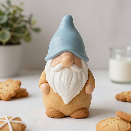 Photograph of a blue-hatted, white-bearded gnomade cookie standing on a white surface with scattered cookies and a milk glass in the background