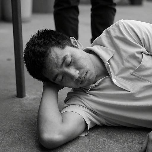 Black-and-White Weary Man on Ground