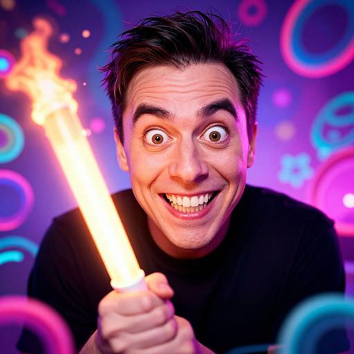 Photograph of a smiling man with wide eyes, holding a lit sparkler, against a vibrant background of colorful neon circles.