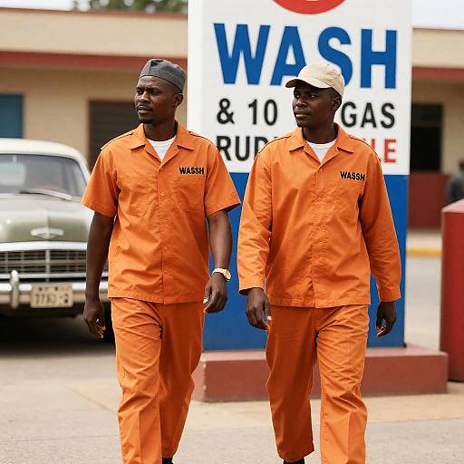 Two Men in Prison Uniforms by Gas Station