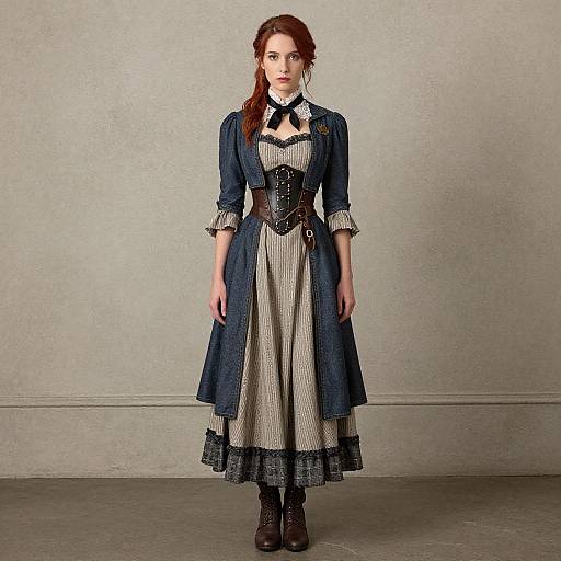 Photograph of a red-haired woman in a Victorian-inspired outfit: blue long-sleeve coat, black corset, striped dress with black lace trim