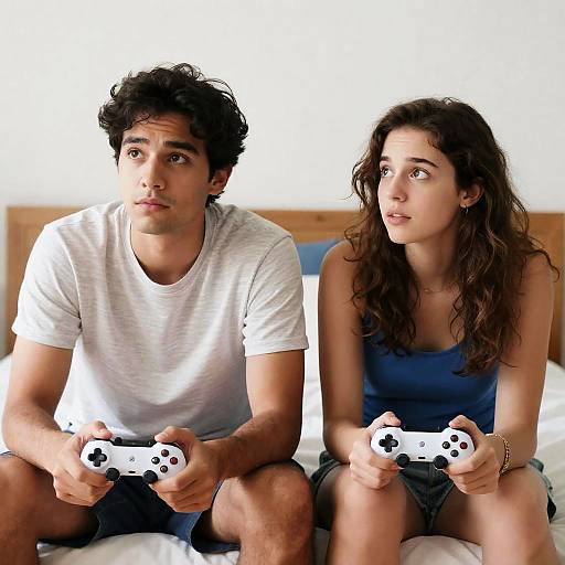 Couple Gaming Together on a Bed