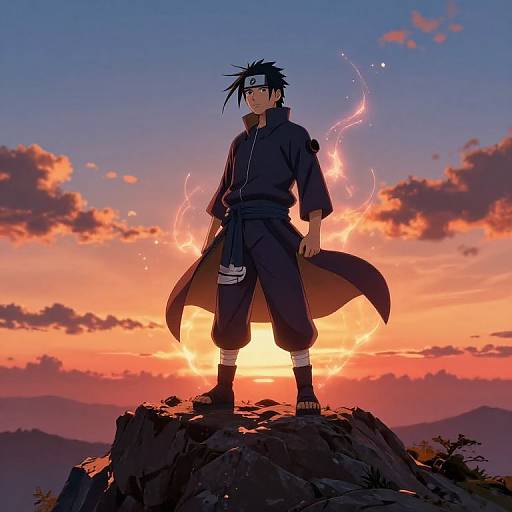 Anime-style digital artwork: Naruto, with black hair and headband, stands on a rocky peak at sunset, surrounded by glowing lightning.