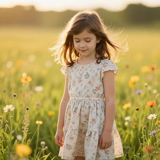Photograph of a young girl with long brown hair, wearing a floral dress, standing in a sunlit meadow filled with colorful wildflowers.