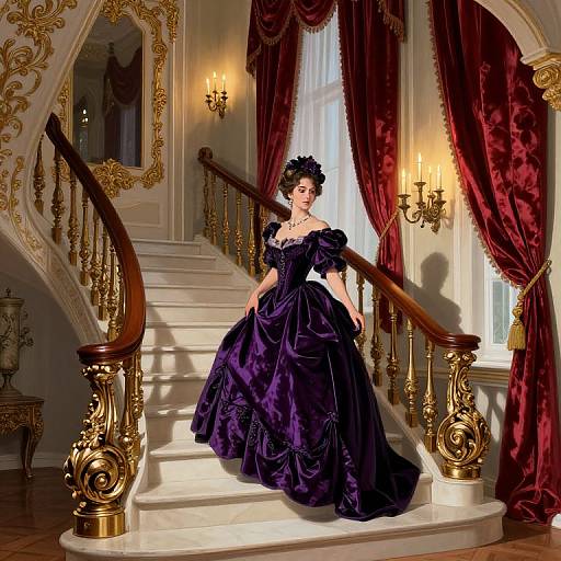 Digital painting of a Victorian woman in a dark purple, lace-trimmed gown, standing on an ornate, gold-rimmed staircase with red