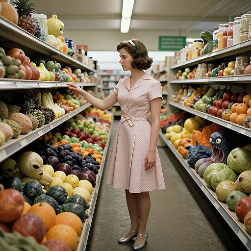 Photograph of a 1950s-style woman in pink dress and grey shoes, standing in a brightly lit grocery store aisle, touching fruit shelves filled