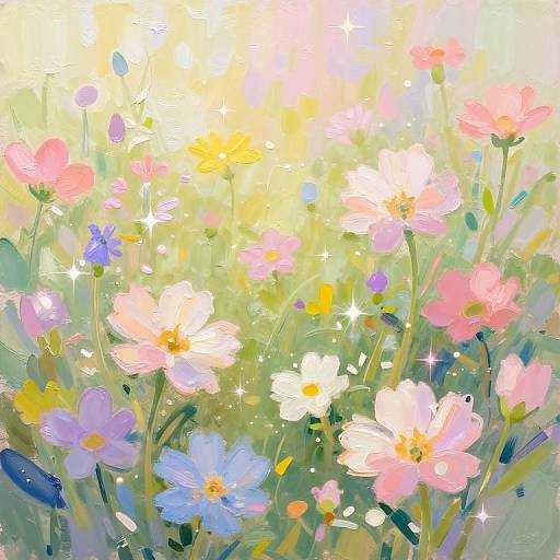 Digital painting of a vibrant, sunlit meadow filled with pink, white, blue, and yellow flowers, with sparkling light effects.