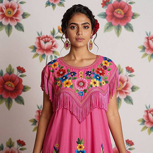 Woman in Pink Floral Embroidered Dress