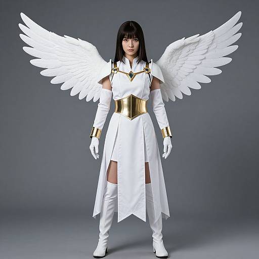 Photograph of a woman in a white angel costume with large white wings, gold accents, white gloves, and boots, standing against a gray background.